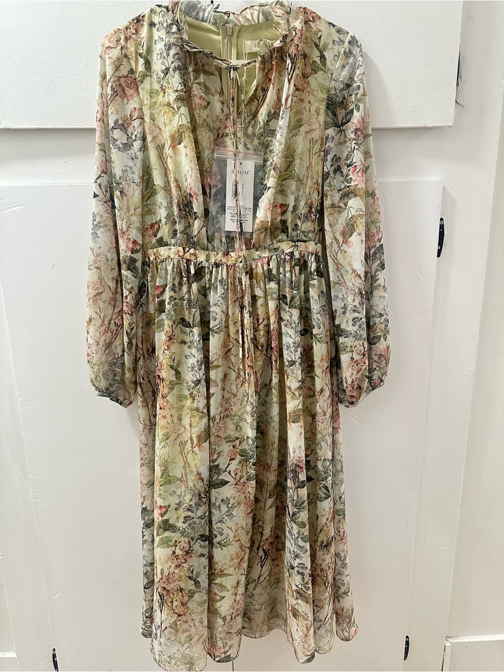 ELIES Floral Chiffon Midi Dress in Light Green and Pink long sleeve